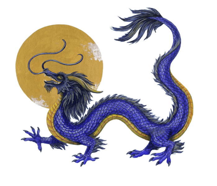 Dragón chuno azul frente a la luna